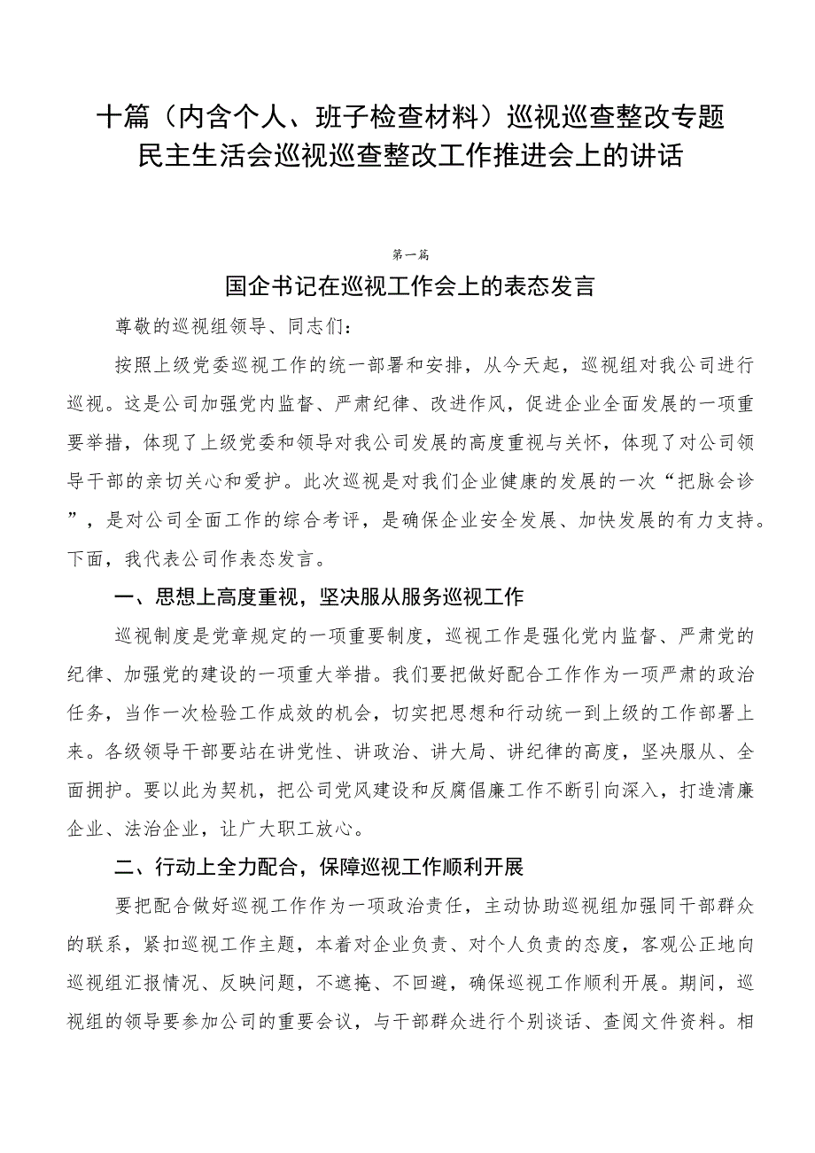 十篇巡视巡查整改专题民主生活会巡视巡查整改工作推进会上的讲话.docx_第1页