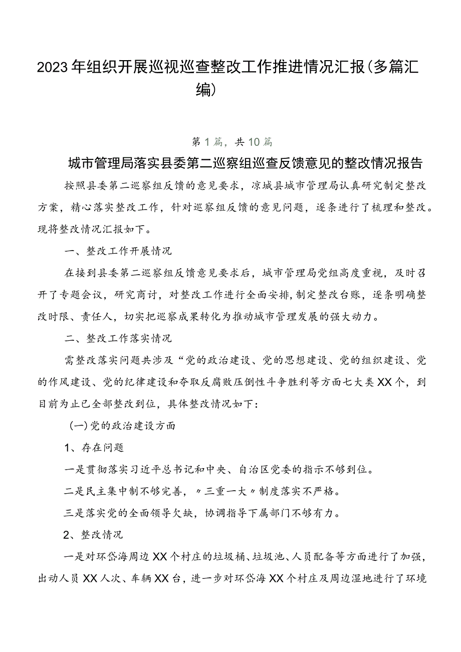 2023年组织开展巡视巡查整改工作推进情况汇报（多篇汇编）.docx_第1页