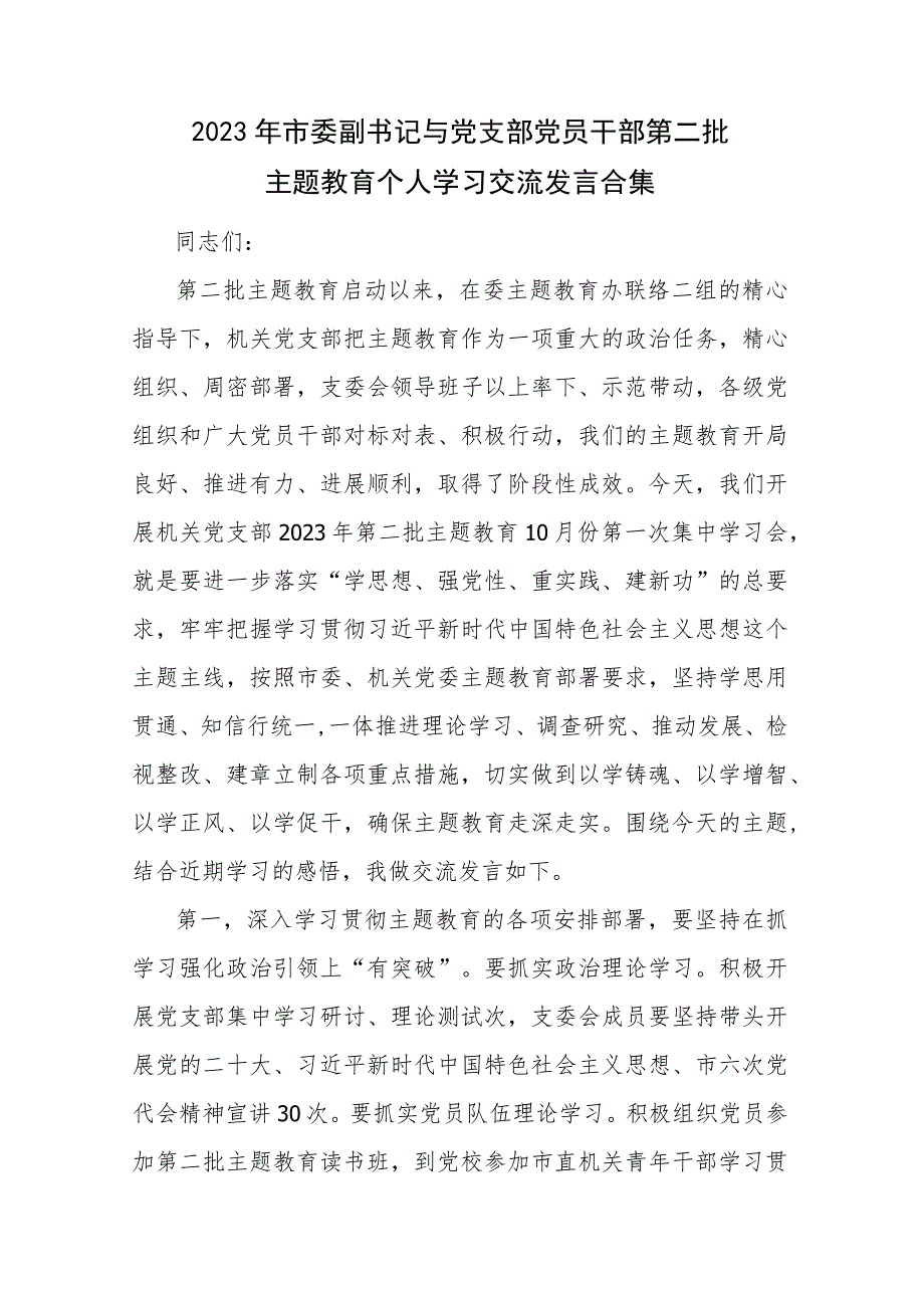 2023年市委副书记与党支部党员干部第二批主题教育个人学习交流发言合集.docx_第1页