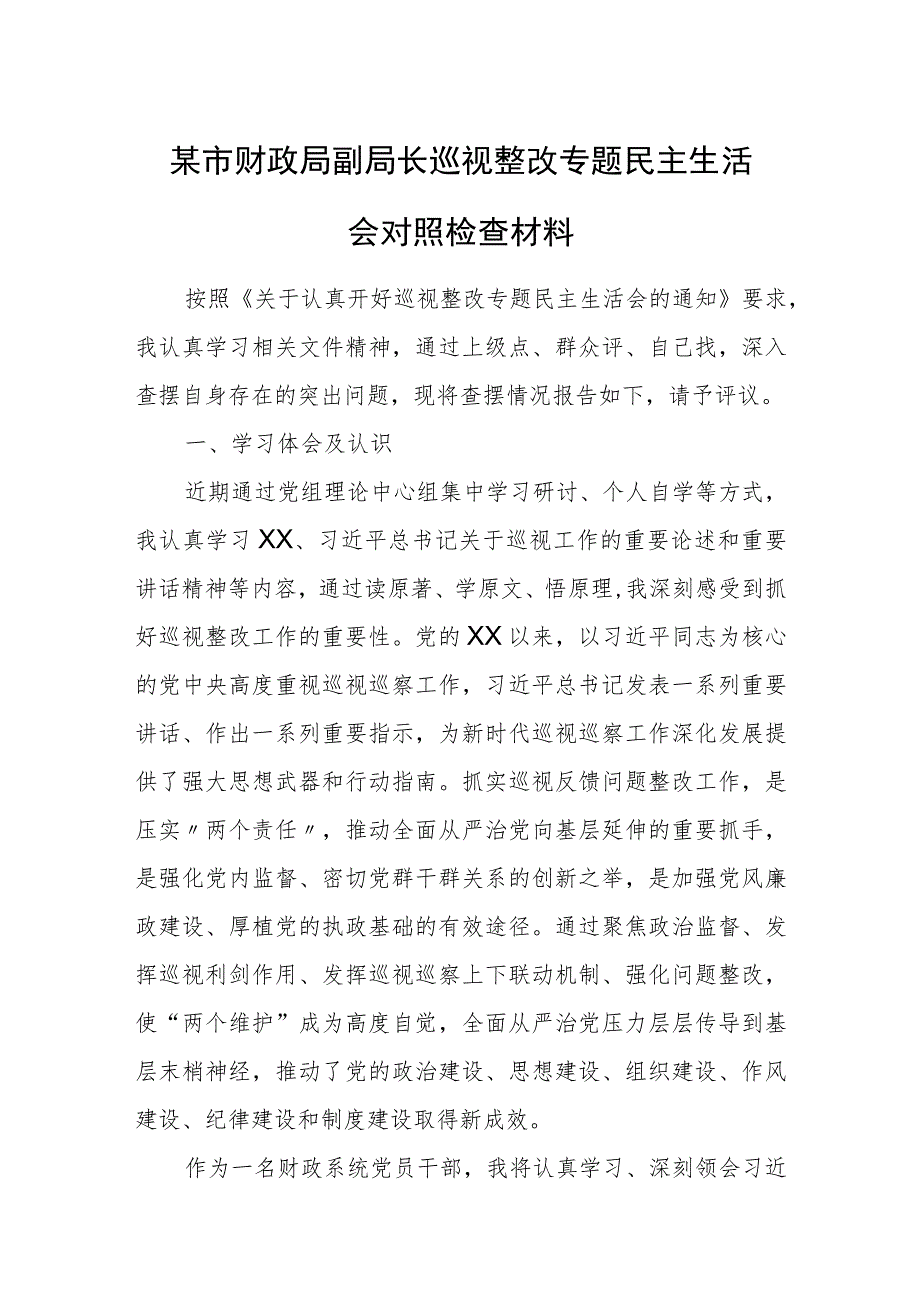 某市财政局副局长巡视整改专题民主生活会对照检查材料.docx_第1页