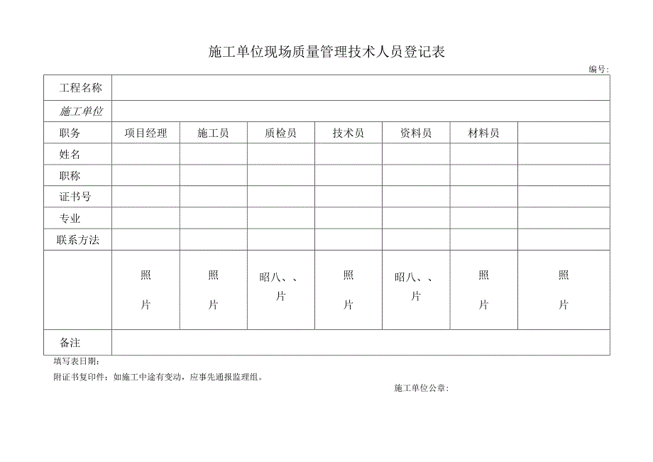 施工单位现场质量管理技术人员登记表.docx_第1页