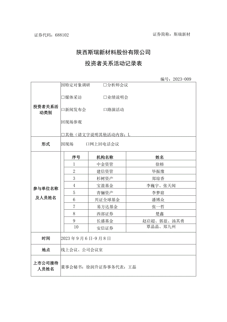 证券代码688102证券简称斯瑞新材陕西斯瑞新材料股份有限公司投资者关系活动记录表.docx_第1页