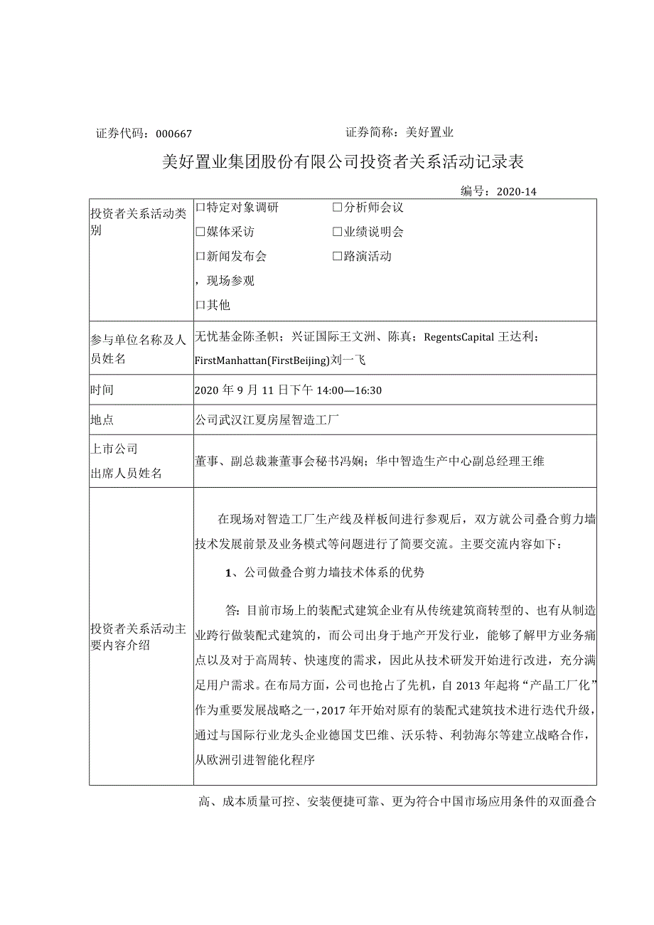 证券代码000667证券简称美好置业美好置业集团股份有限公司投资者关系活动记录表.docx_第1页