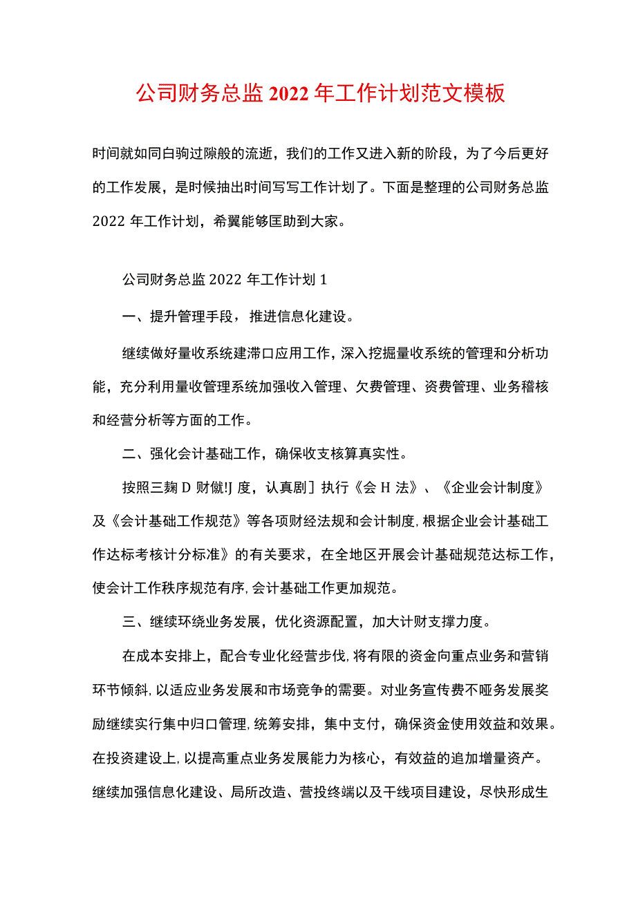 公司财务总监2022年工作计划范文模板.docx_第1页