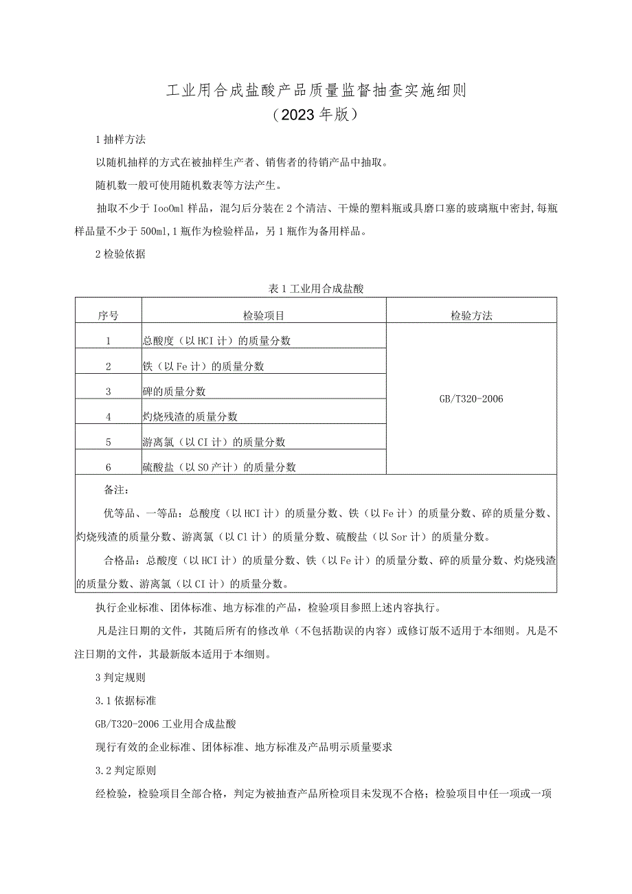 工业用合成盐酸产品质量监督抽查实施细则（2023年版）.docx_第1页