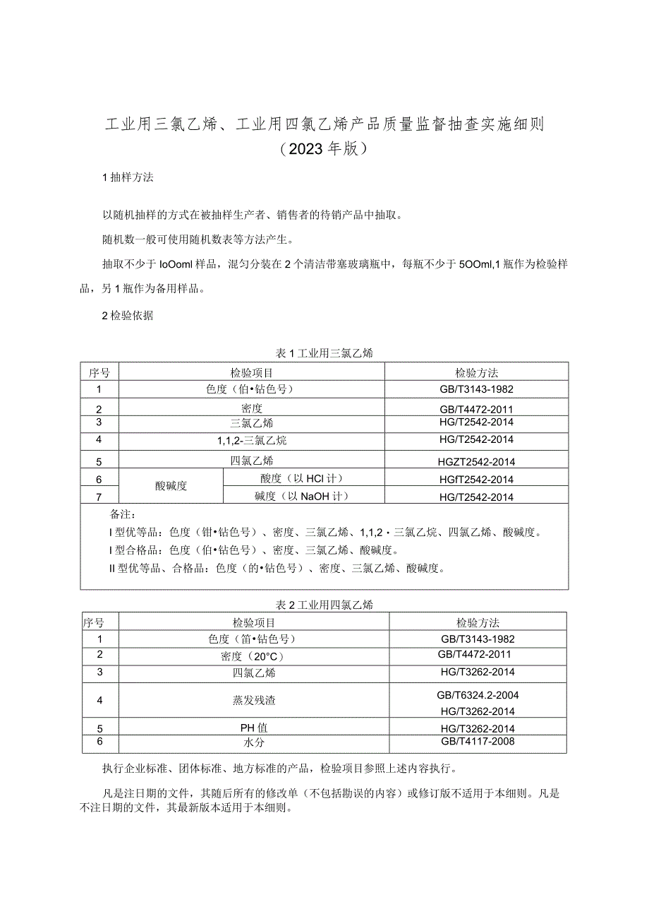 工业用三氯乙烯、工业用四氯乙烯产品质量监督抽查实施细则（2023年版）.docx_第1页