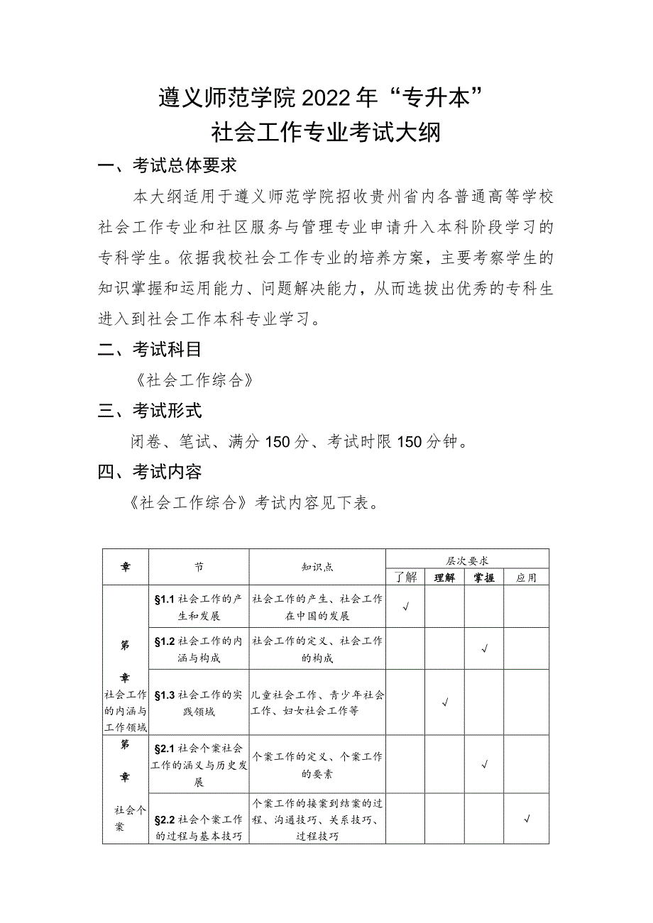 遵义师范学院2022年“专升本”社会工作专业考试大纲.docx_第1页