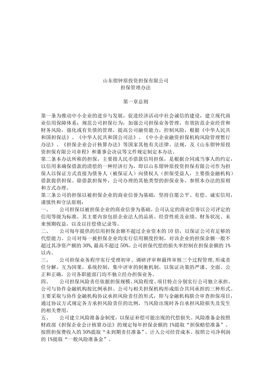 山东某投资担保公司担保管理办法.docx_第1页