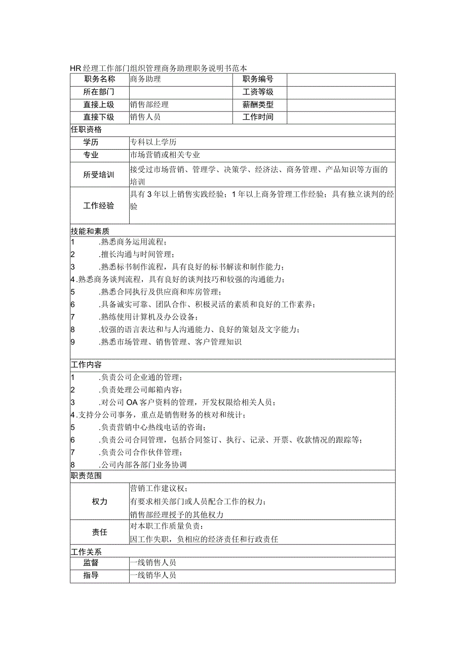 HR经理工作部门组织管理商务助理职务说明书范本.docx_第1页