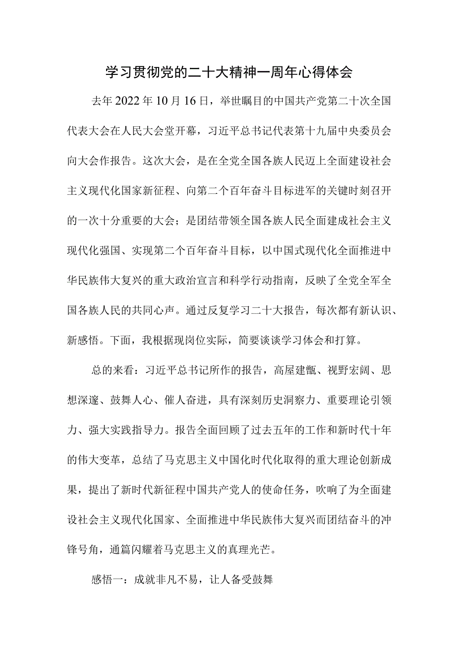 2023年大学生学习贯彻《党的二十大精神》一周年个人心得体会四篇 .docx_第1页