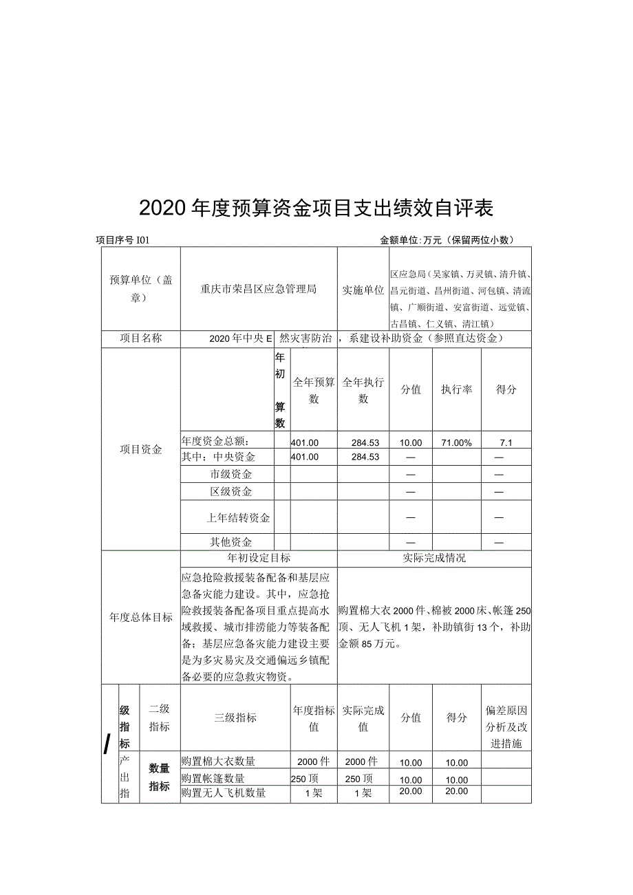 表一2020年度预算资金项目支出绩效自评表.docx_第1页