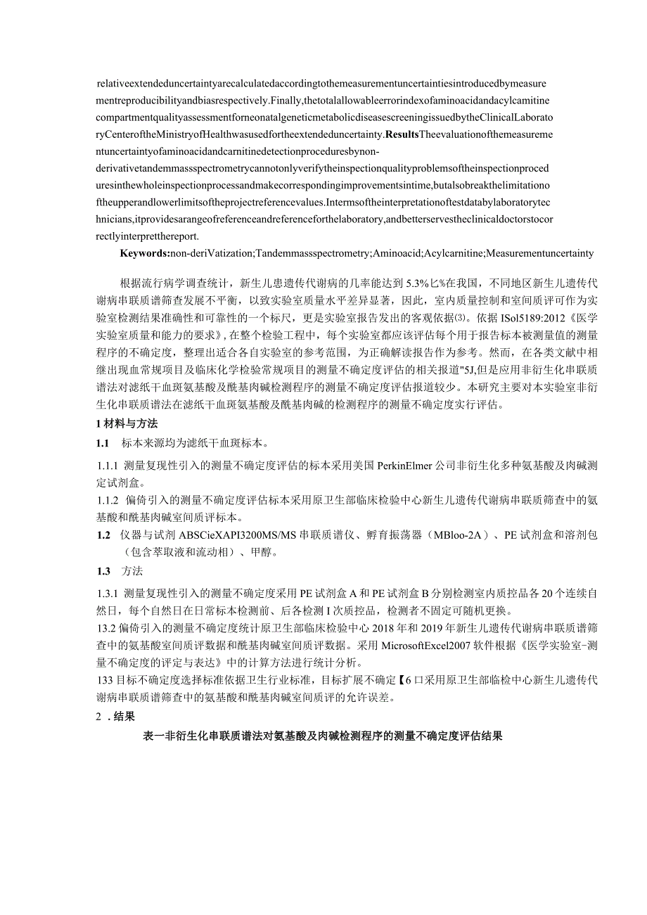 非衍生化串联质谱法对氨基酸及肉碱检测程序的测量不确定度评估.docx_第2页