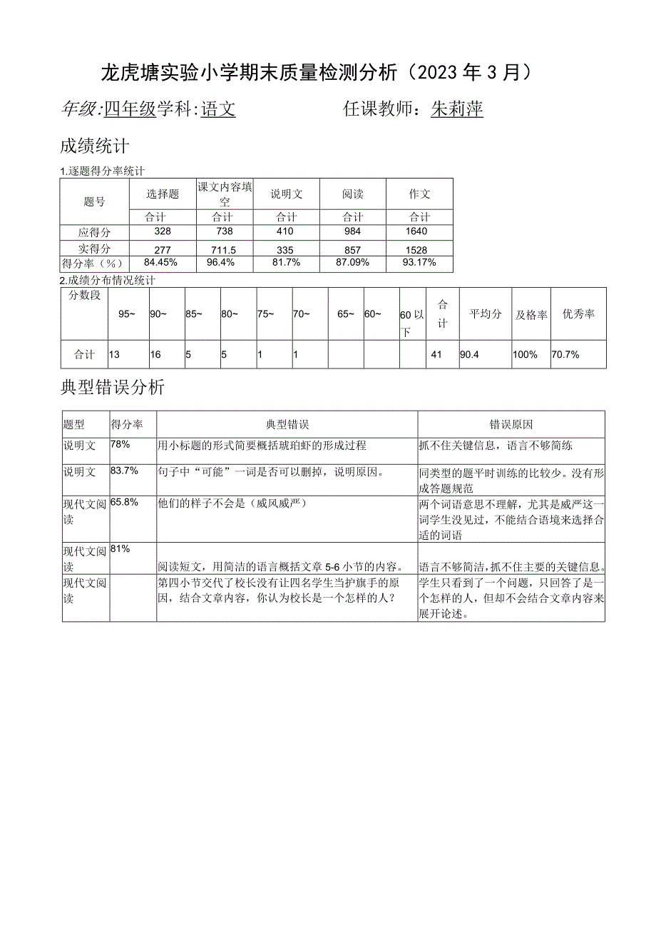 龙虎塘实验小学期末质量检测分析2023年3月.docx_第1页