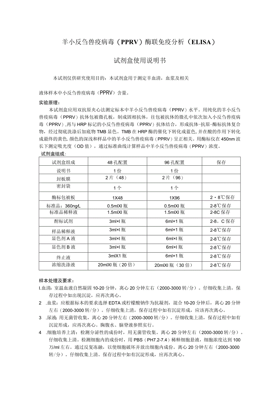 羊小反刍兽疫病毒PPRV酶联免疫分析ELISA试剂盒使用说明书.docx_第1页