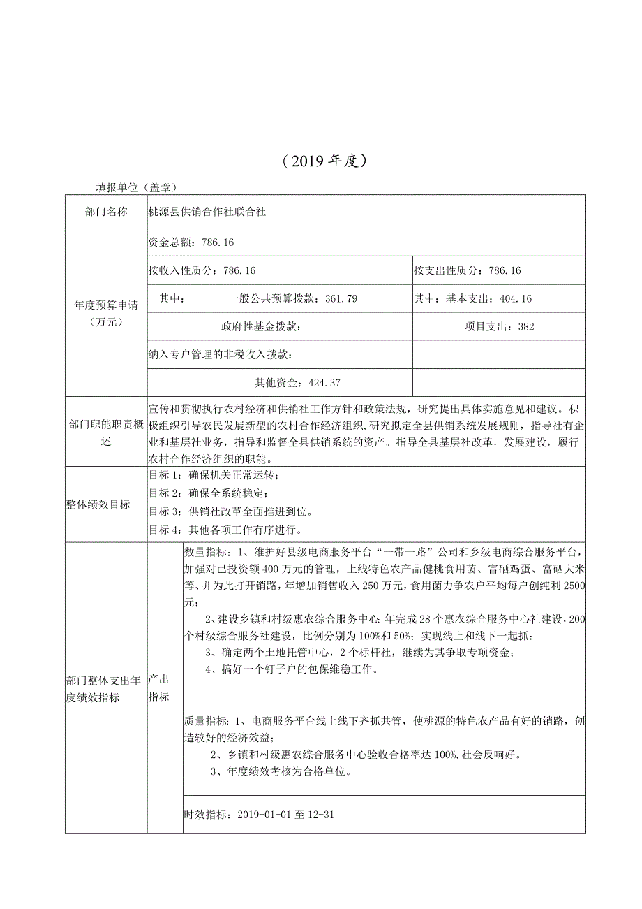 部门整体支出绩效目标申报19年度.docx_第1页