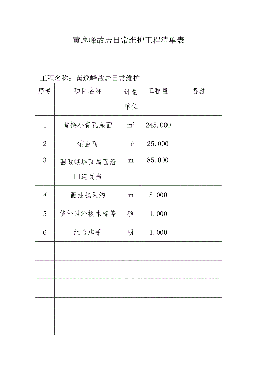 黄逸峰故居日常维护工程清单表.docx_第1页