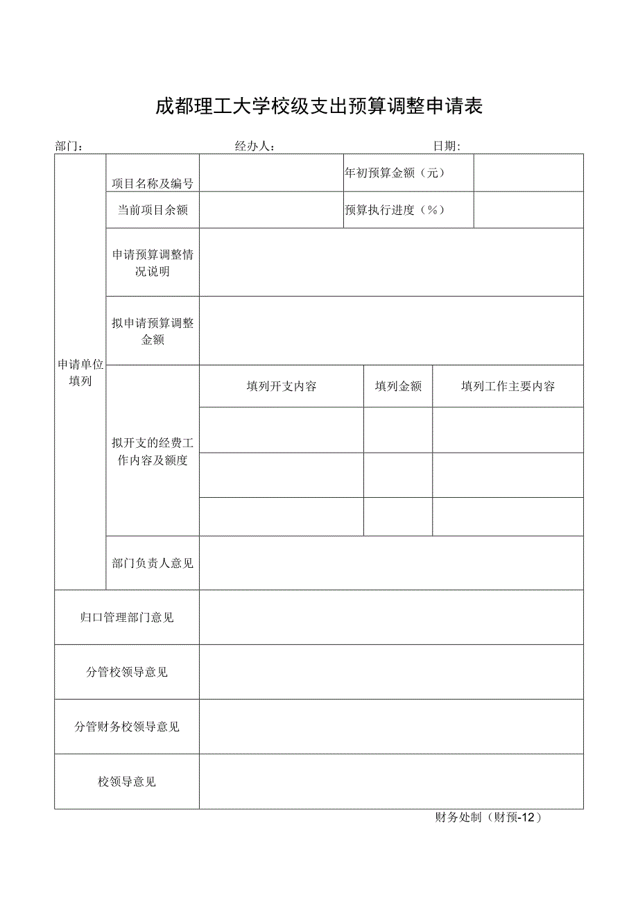 财预-12成都理工大学校级支出预算调整申请表.docx_第1页