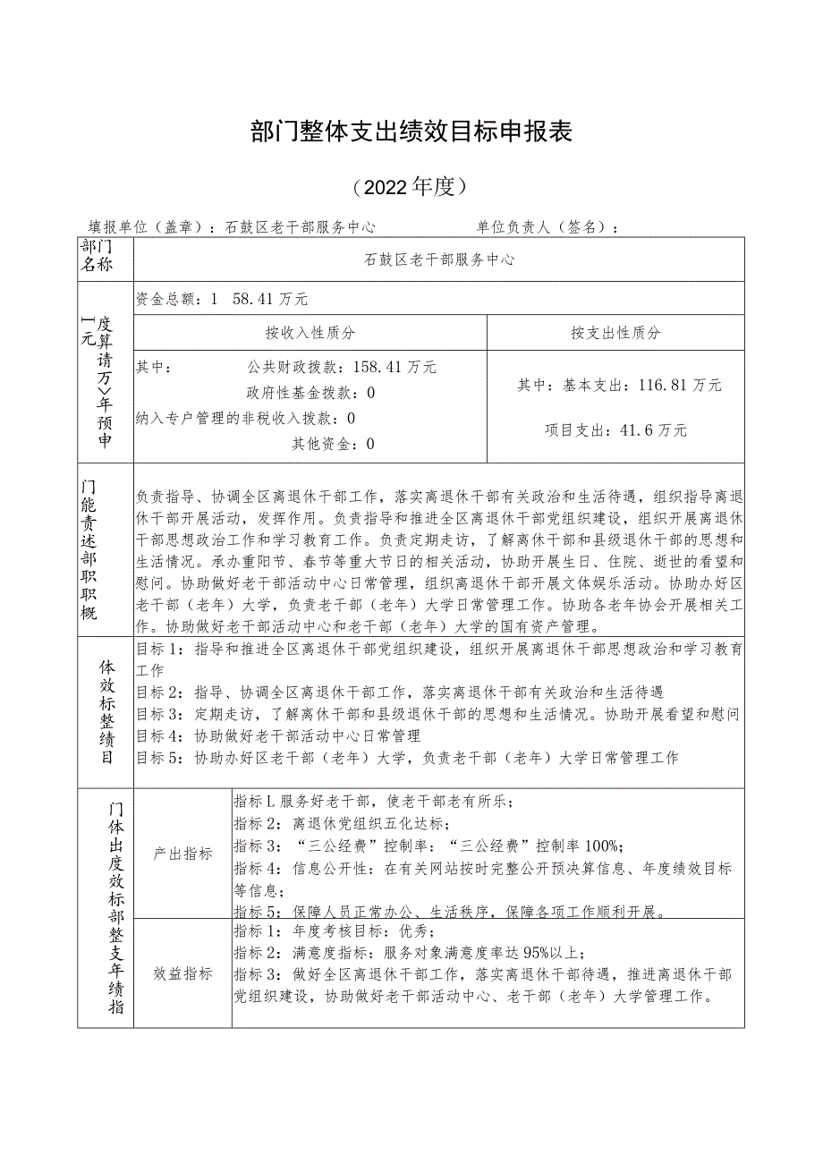 部门整体支出绩效目标申报022年度.docx_第1页