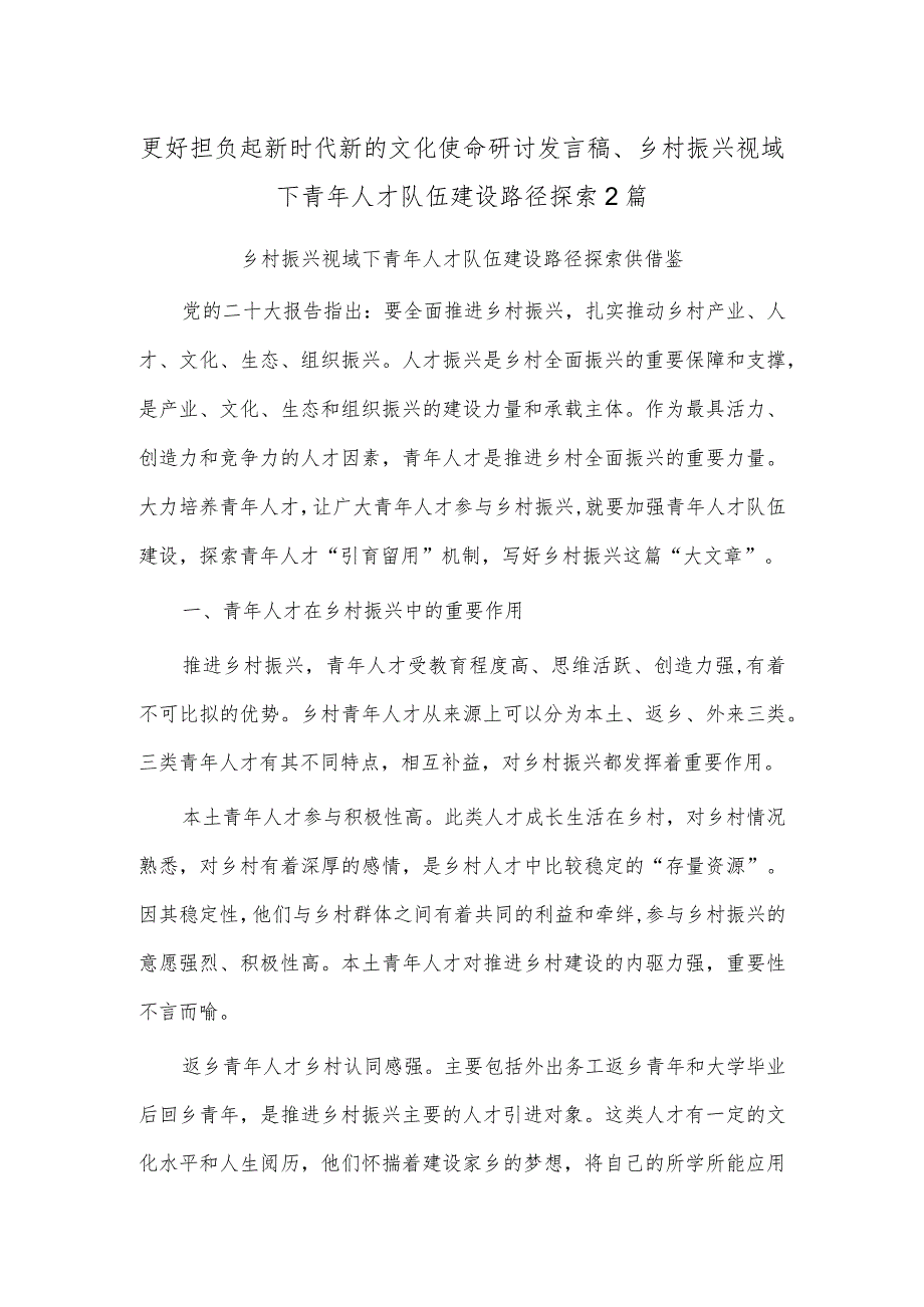 更好担负起新时代新的文化使命研讨发言稿、乡村振兴视域下青年人才队伍建设路径探索2篇.docx_第1页