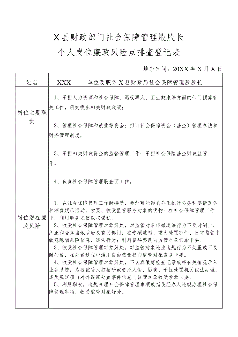 某县财政部门部门社会保障管理股股长个人岗位廉政风险点排查登记表.docx_第1页