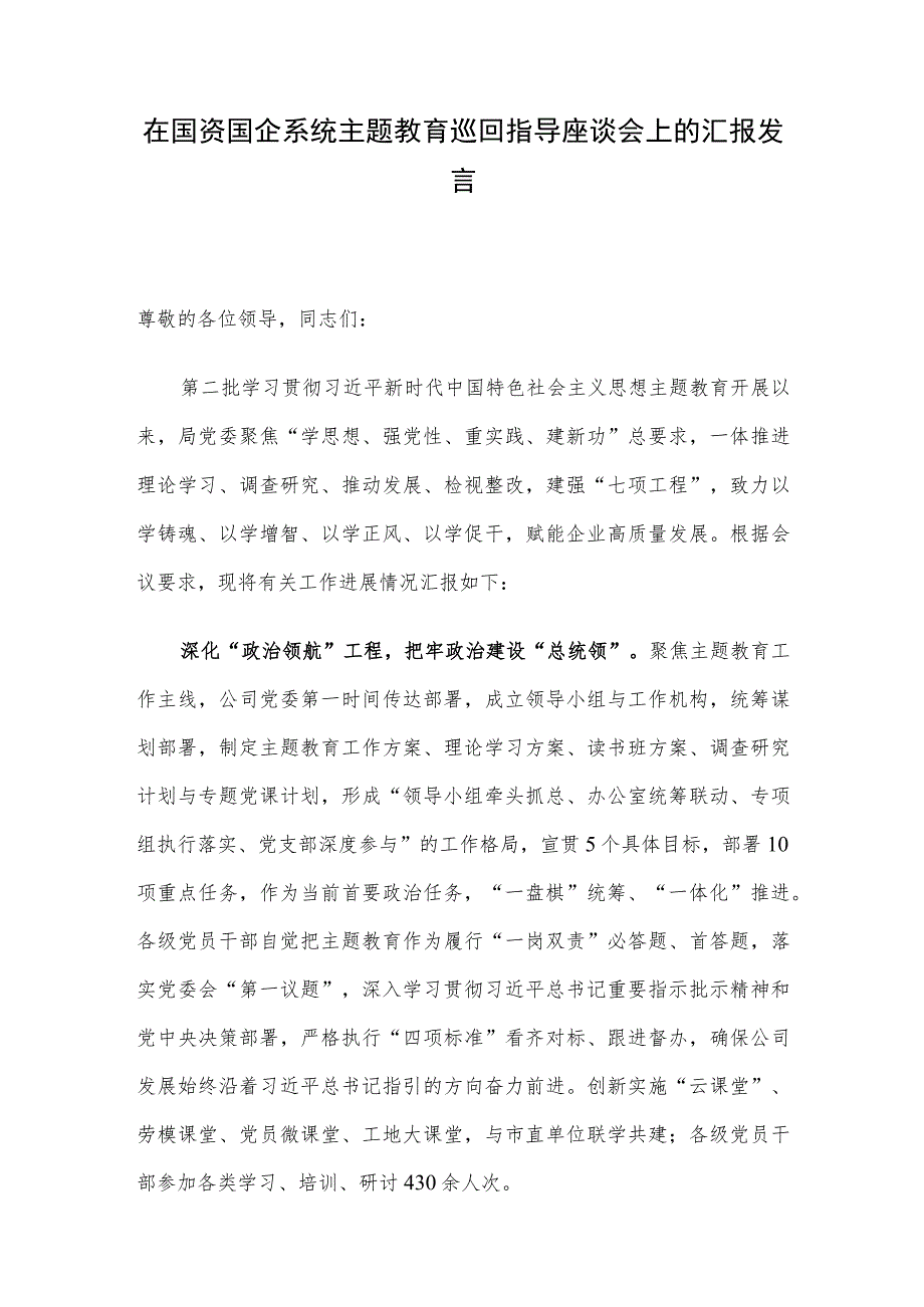 在国资国企系统主题教育巡回指导座谈会上的汇报发言.docx_第1页