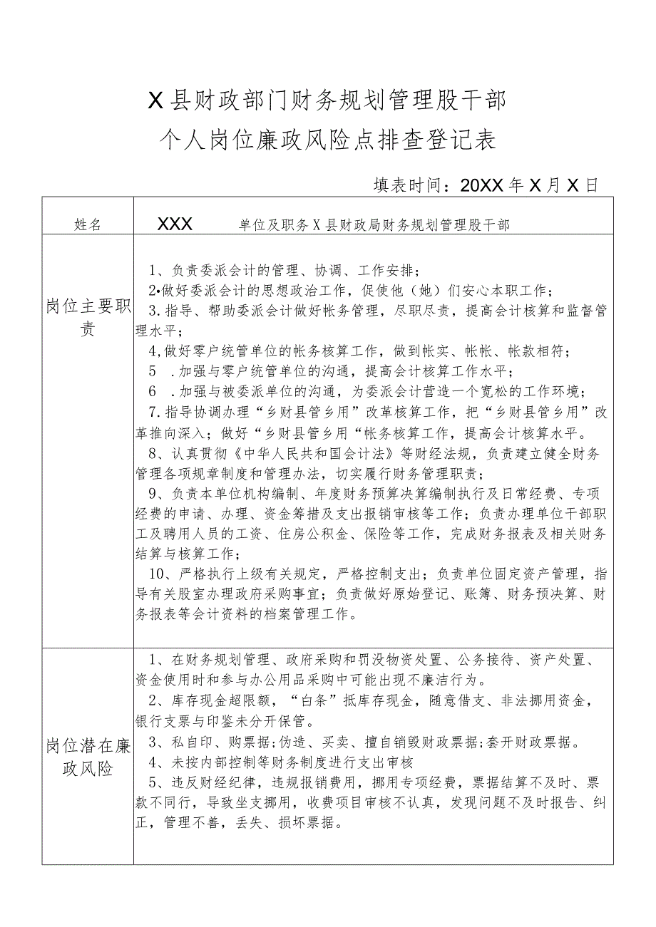 某县财政部门部门财务规划管理股干部个人岗位廉政风险点排查登记表.docx_第1页