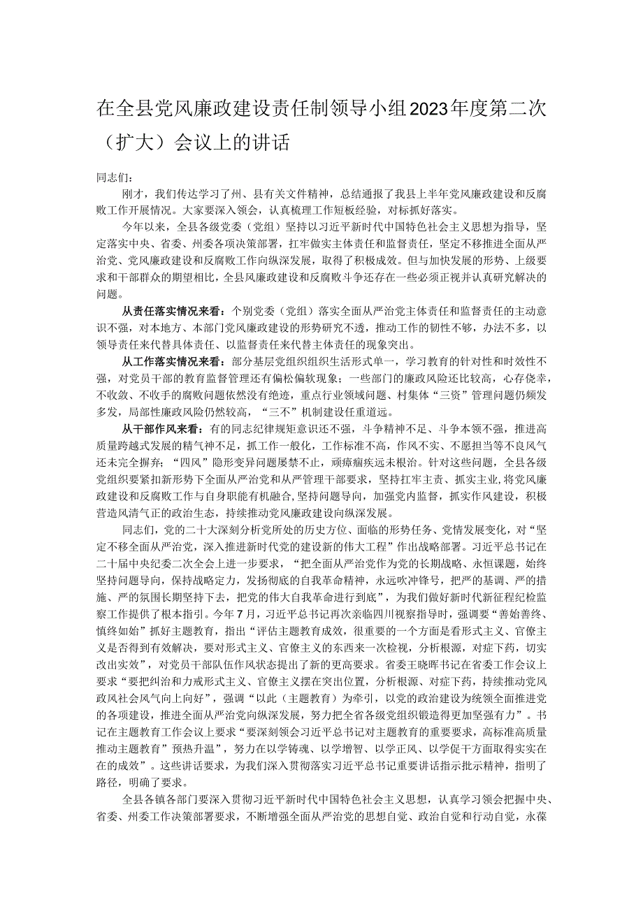 在全县党风廉政建设责任制领导小组2023年度第二次（扩大）会议上的讲话.docx_第1页