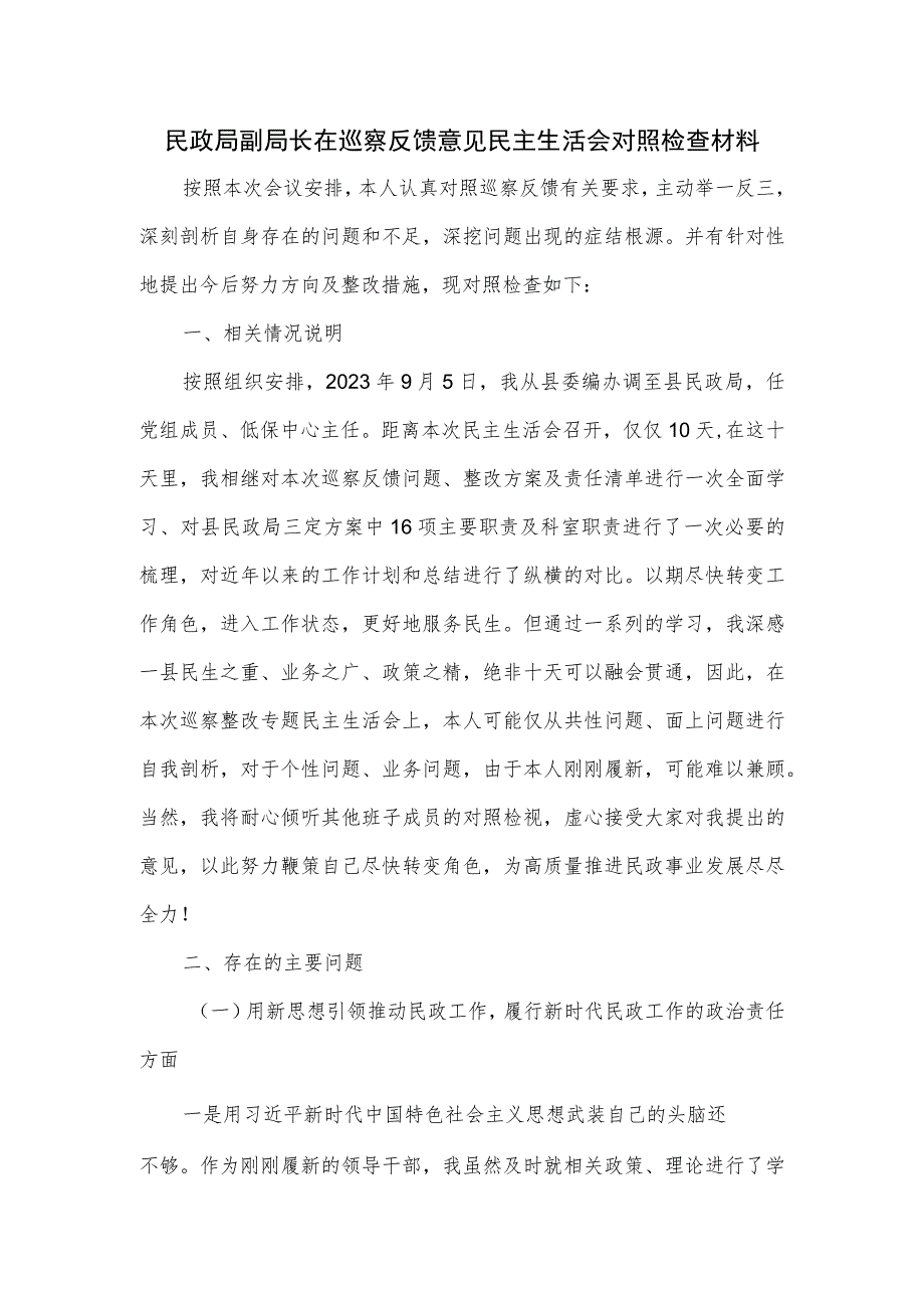 民政局副局长在巡察反馈意见民主生活会对照检查材料.docx_第1页