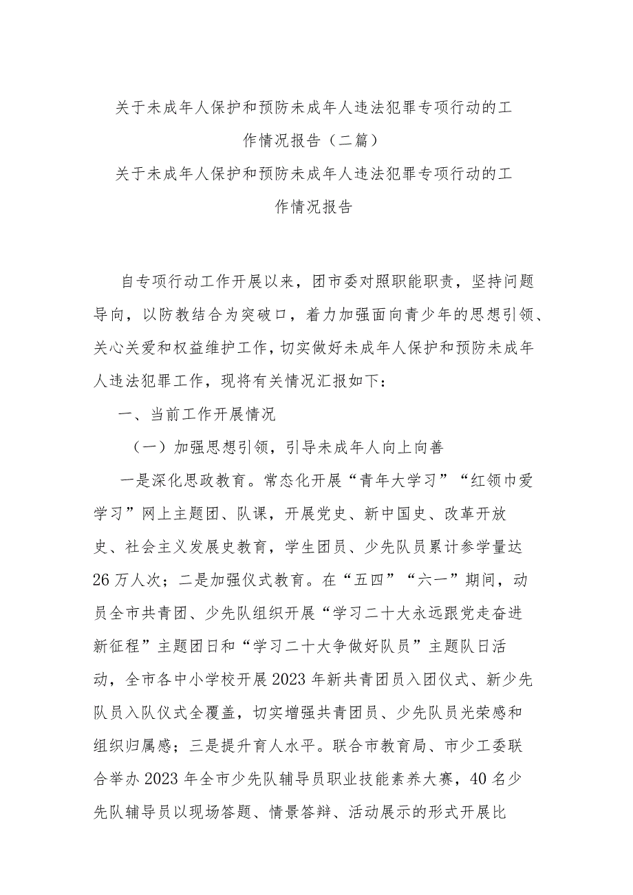 关于未成年人保护和预防未成年人违法犯罪专项行动的工作情况报告(二篇).docx_第1页