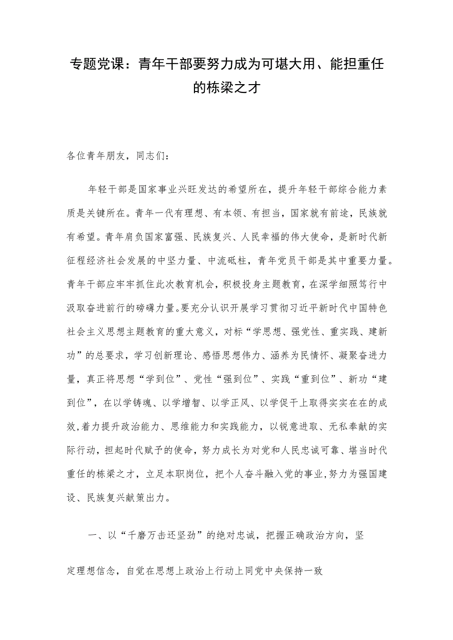 专题党课：青年干部要努力成为可堪大用、能担重任的栋梁之才.docx_第1页