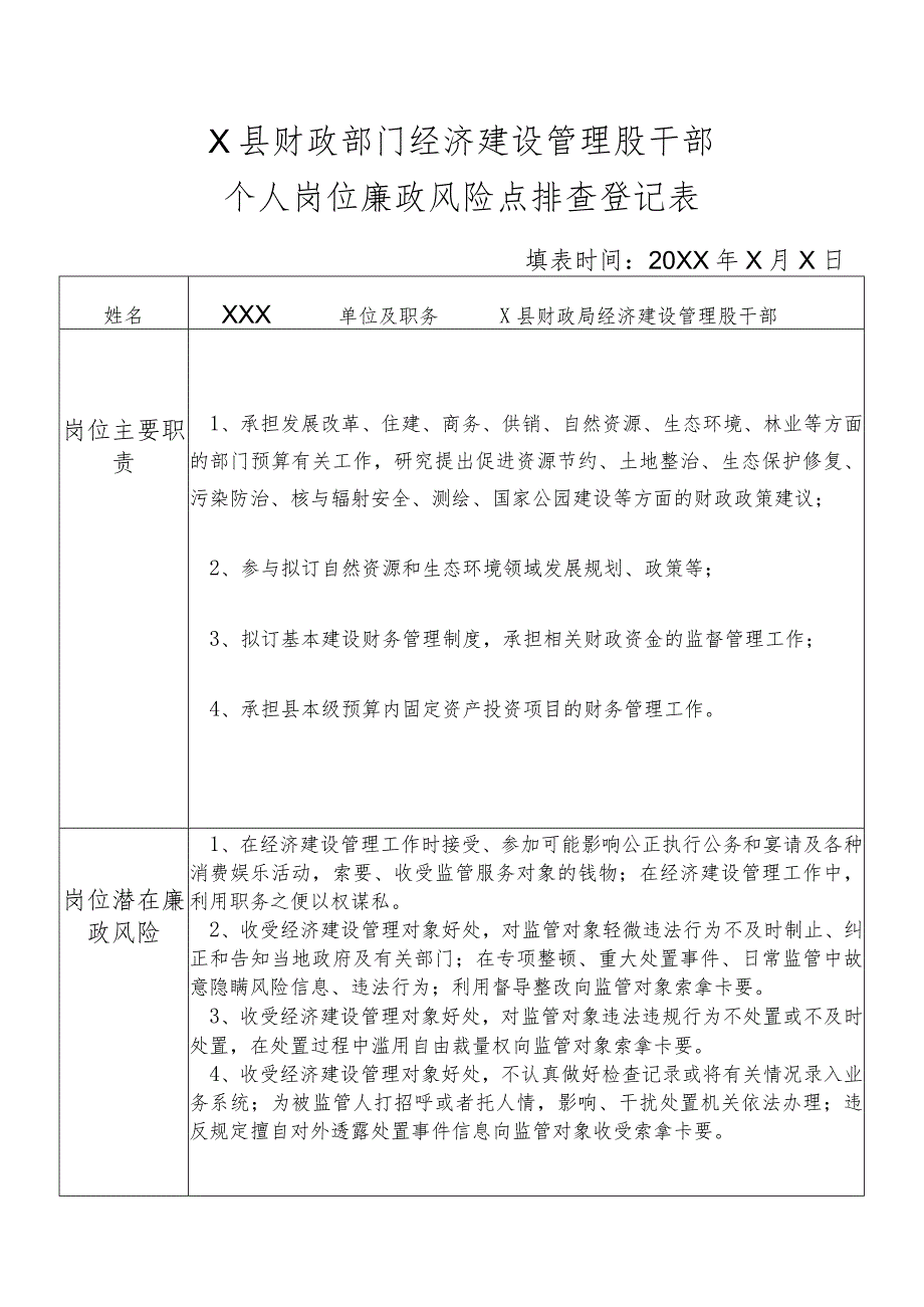 某县财政部门部门经济建设管理股干部个人岗位廉政风险点排查登记表.docx_第1页