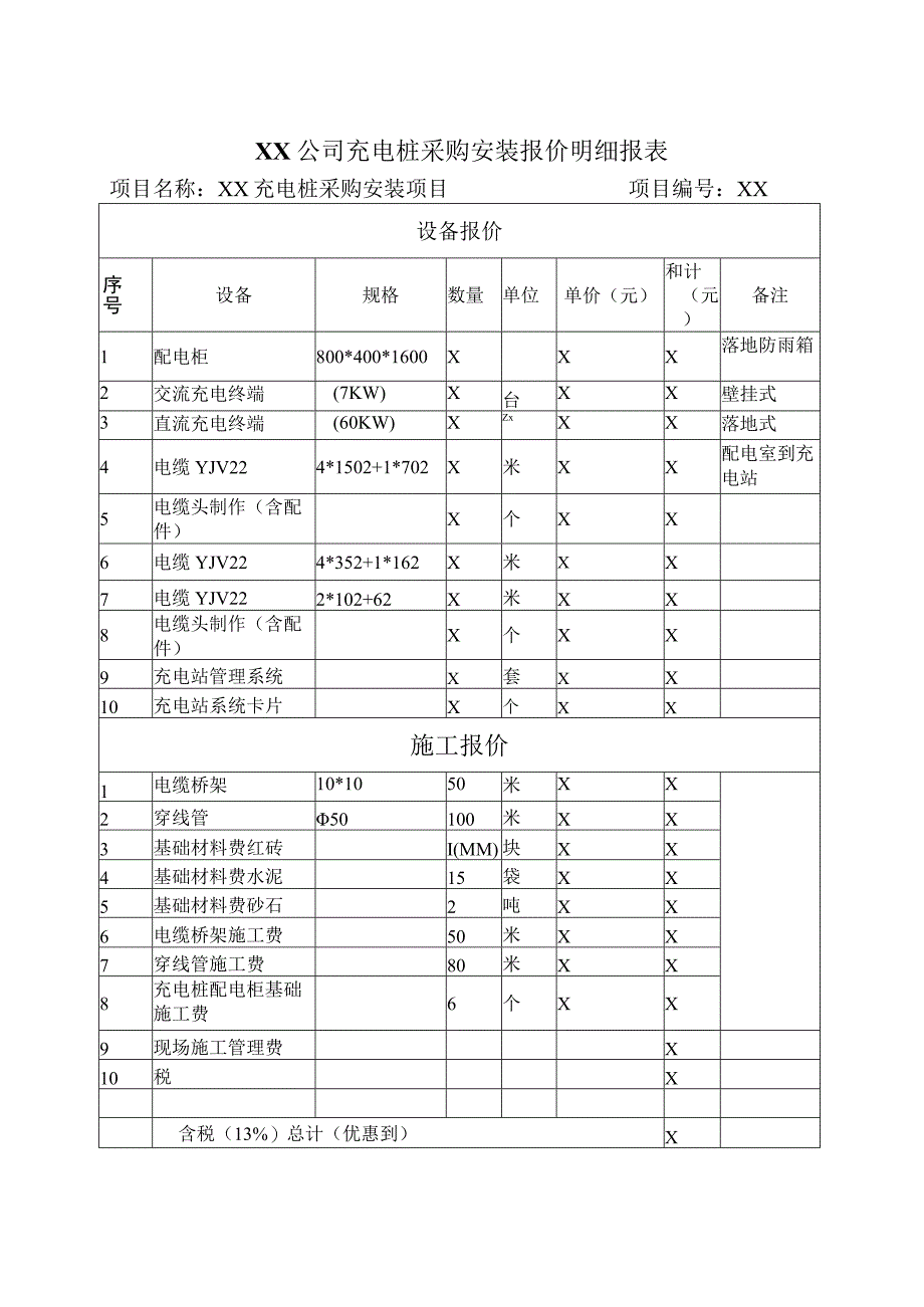 XX公司充电桩采购安装报价明细报表（2023年）.docx_第1页