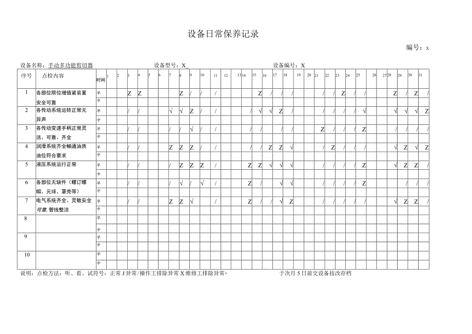 XX机电科技有限公司手动多功能剪切器设备日常保养记录(2023年).docx_第1页