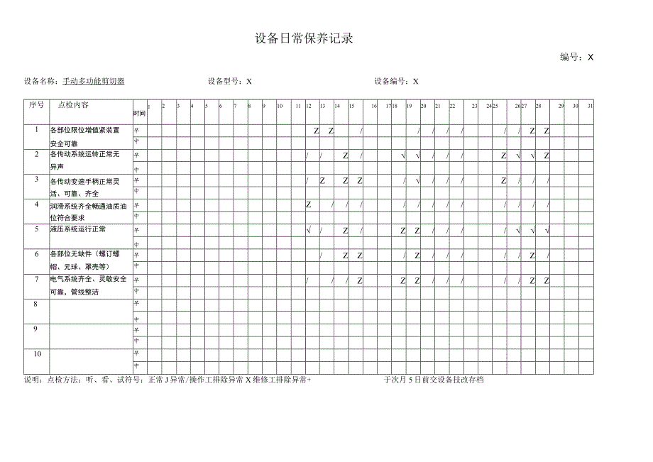 XX机电科技有限公司手动多功能剪切器设备日常保养记录(2023年).docx_第2页