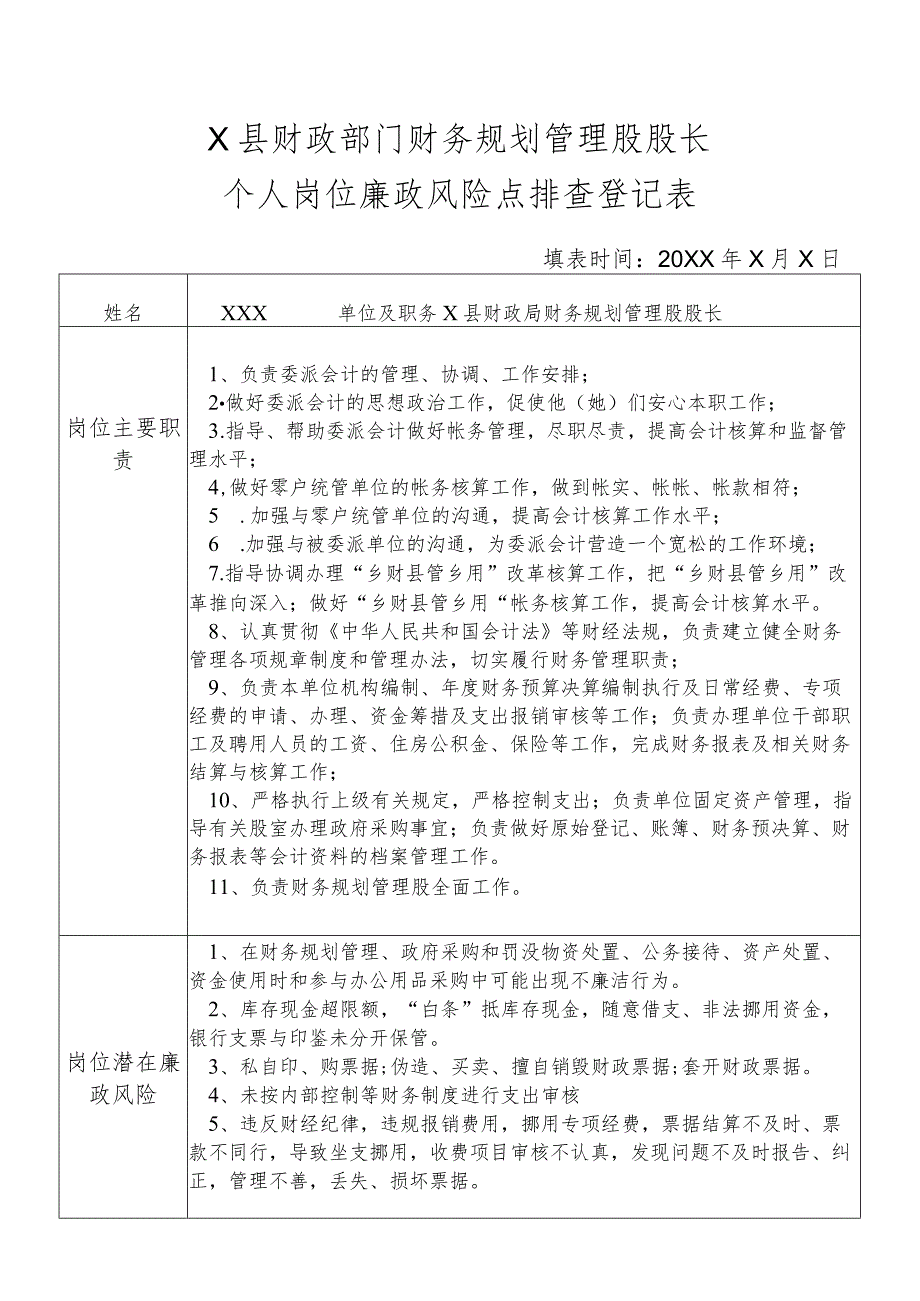 某县财政部门部门财务规划管理股股长个人岗位廉政风险点排查登记表.docx_第1页