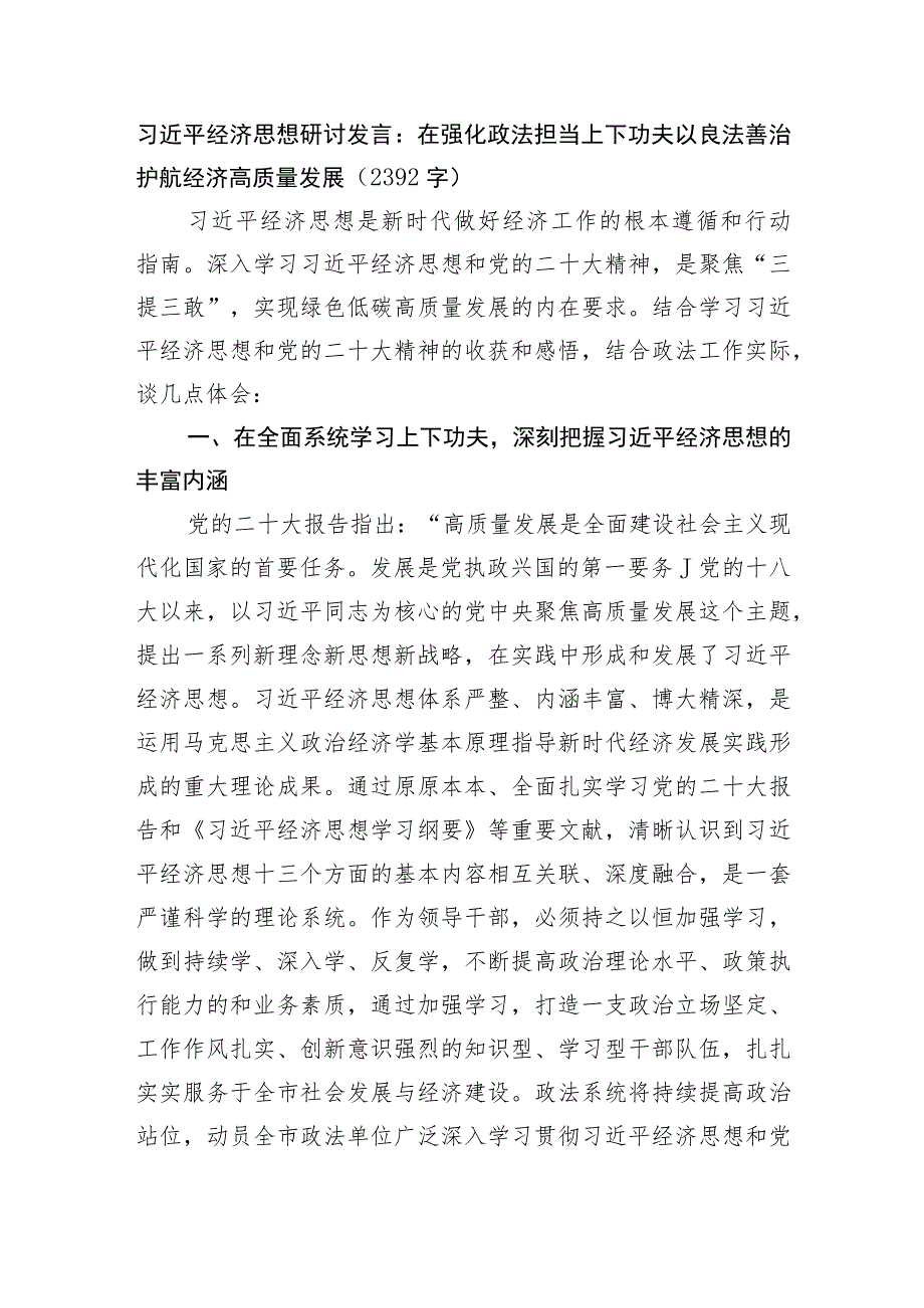 经济思想研讨发言：在强化政法担当上下功夫以良法善治护航经济高质量发展.docx_第1页