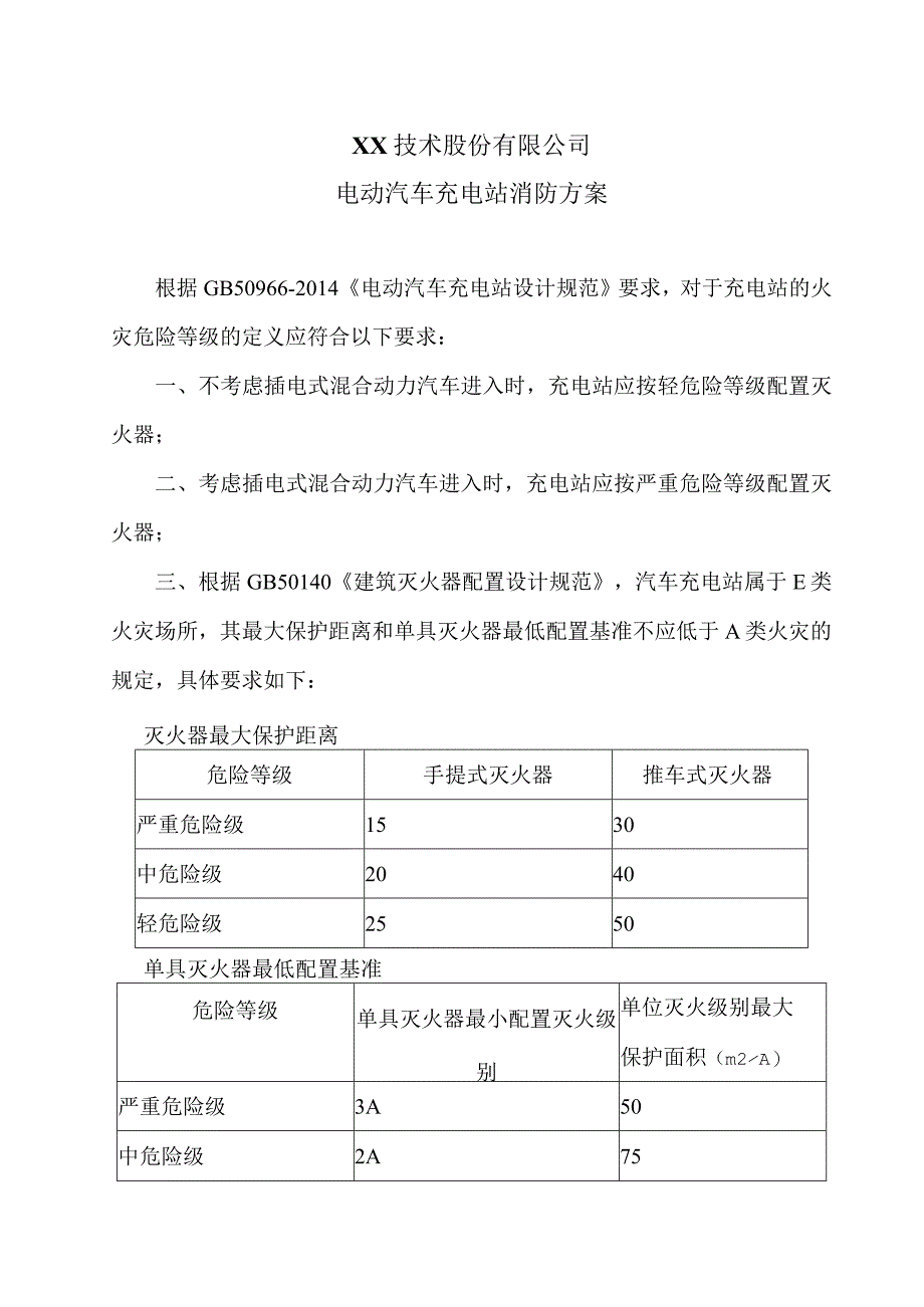 XX技术股份有限公司电动汽车充电站消防方案（2023年）.docx_第1页