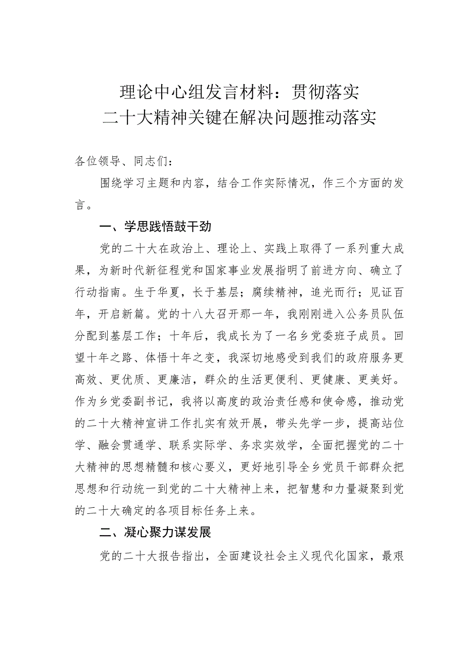 理论中心组发言材料：贯彻落实二十大精神关键在解决问题推动落实.docx_第1页