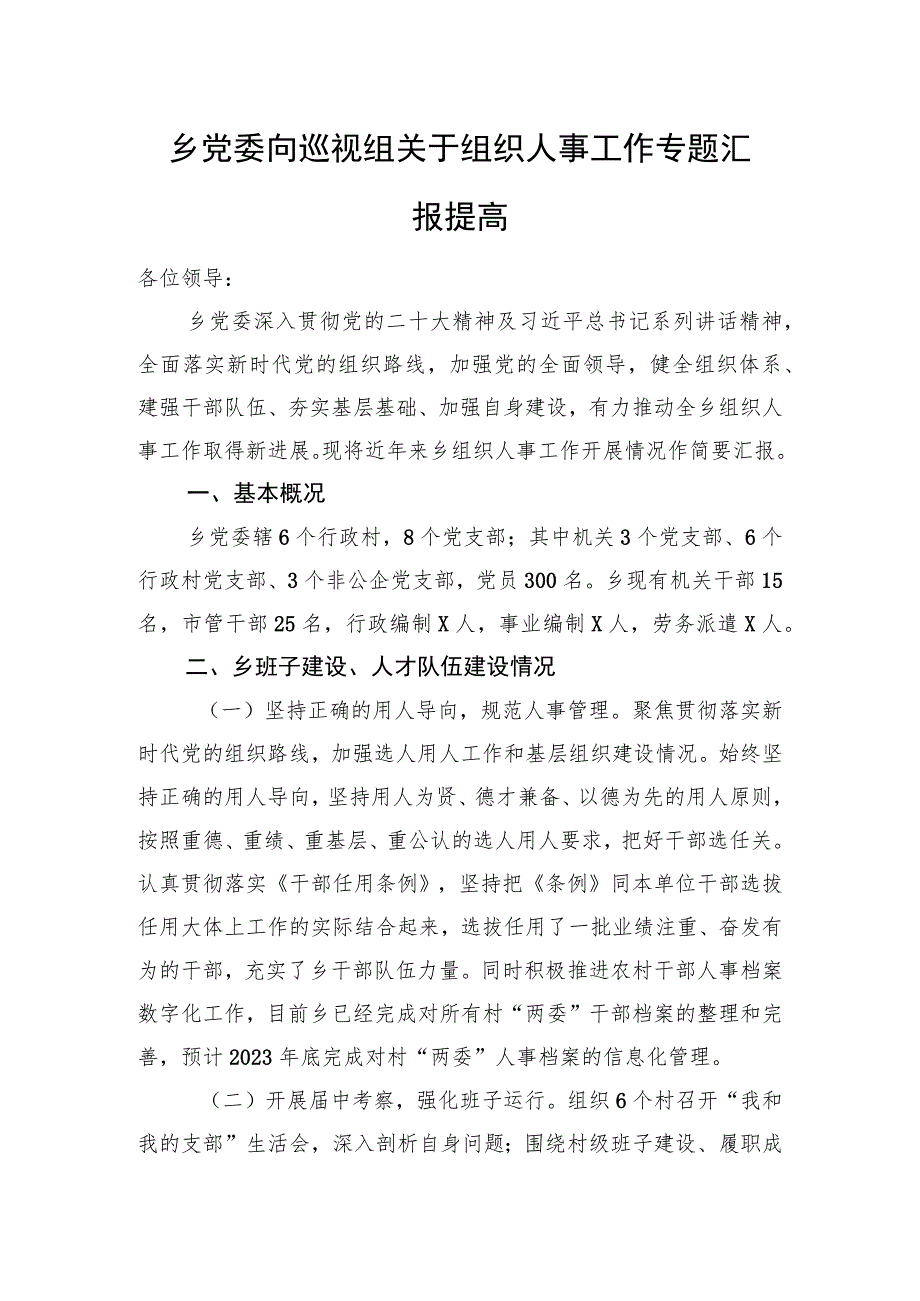 乡党委向巡视组关于组织人事工作专题汇报提高.docx_第1页