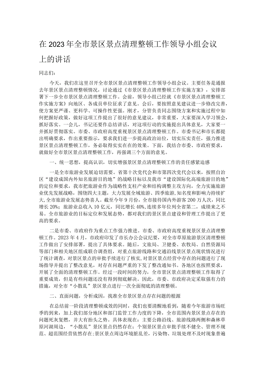 在2023年全市景区景点清理整顿工作领导小组会议上的讲话.docx_第1页