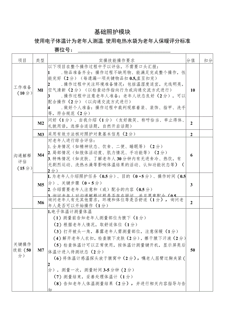 正式赛题—基础—电子体温计使用、使用热水袋为老年人保暖评分标准-2023年全国职业院校技能大赛赛项正式赛卷.docx_第1页