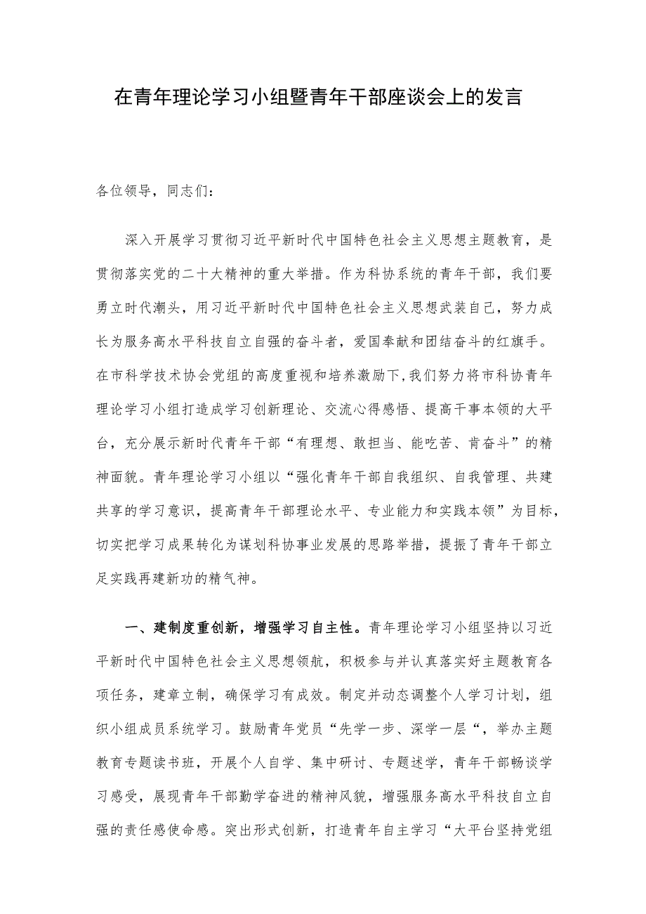 在青年理论学习小组暨青年干部座谈会上的发言.docx_第1页