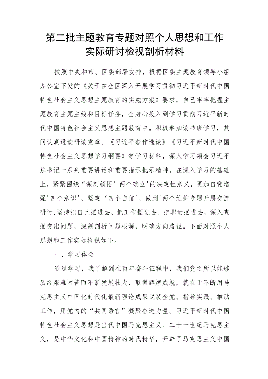 2023年第二批主题教育专题个人对照思想和工作实际五个方面研讨检视剖析材料党性分析报告.docx_第2页