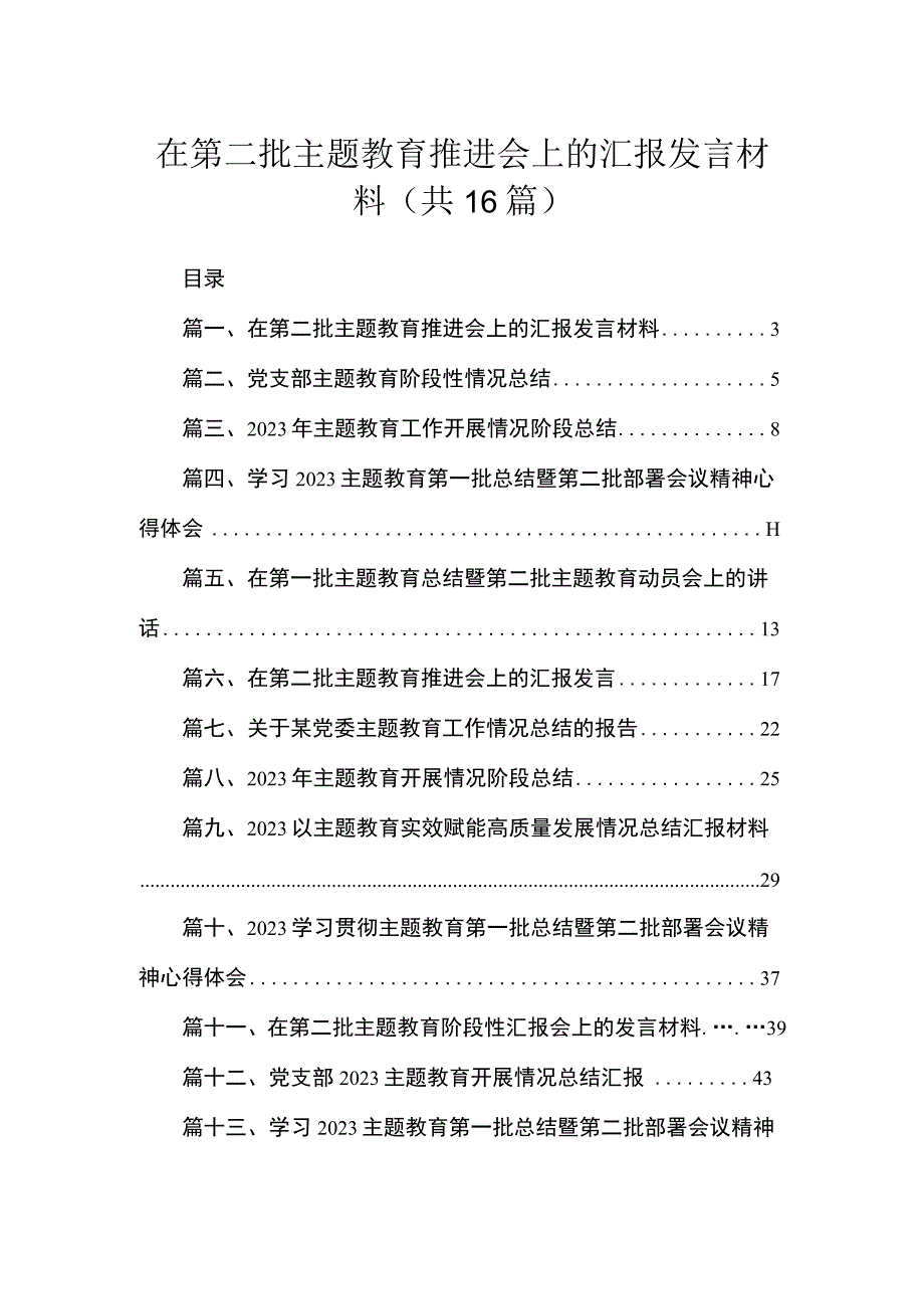 2023在第二批主题教育推进会上的汇报发言材料（共16篇）.docx_第1页