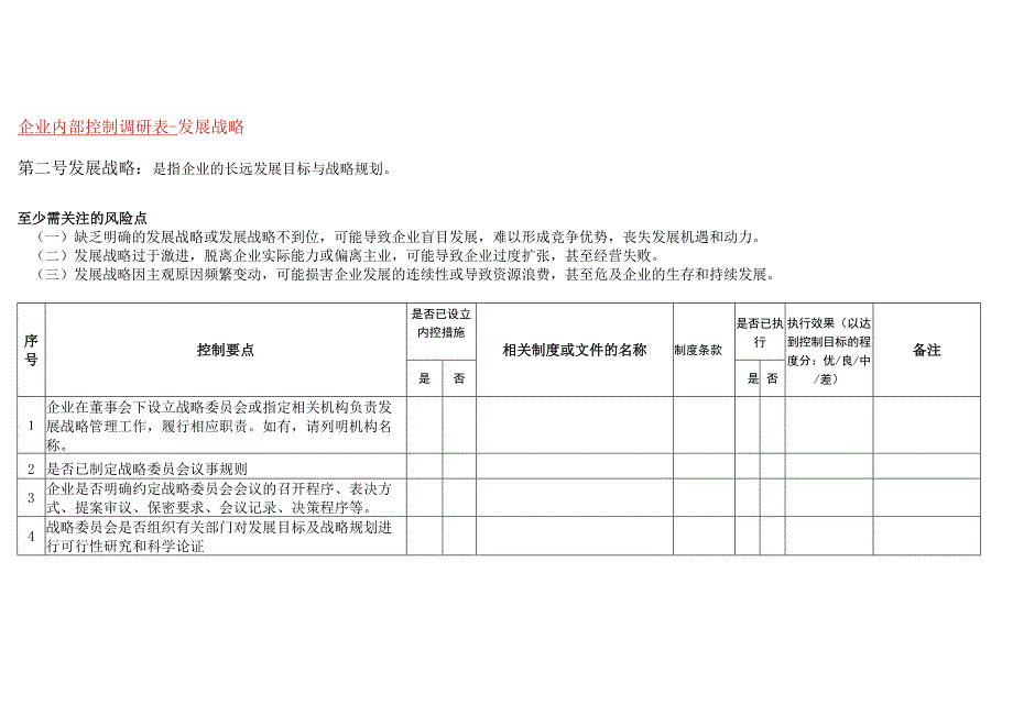 企业内部控制发展战略调研表.docx_第1页