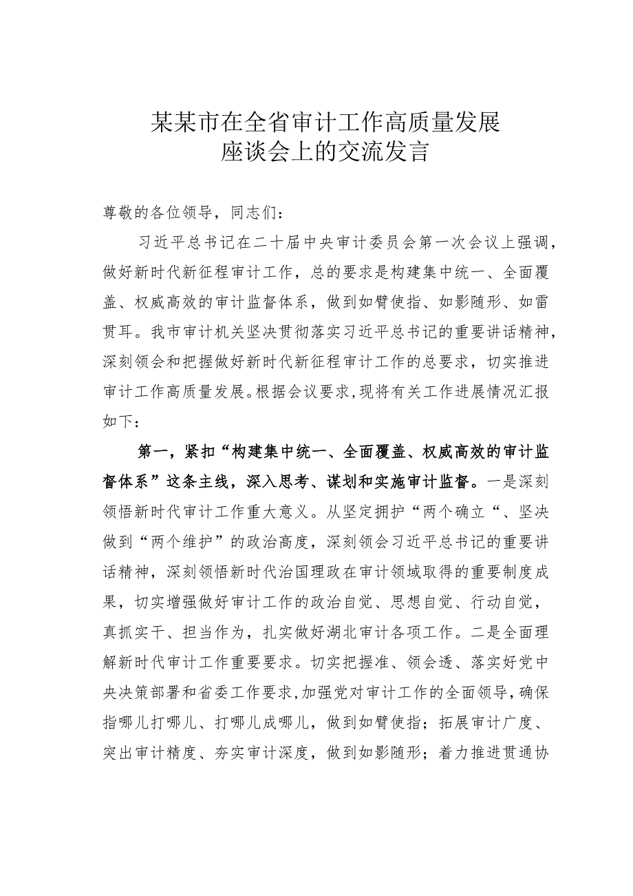 某某市在全省审计工作高质量发展座谈会上的交流发言.docx_第1页