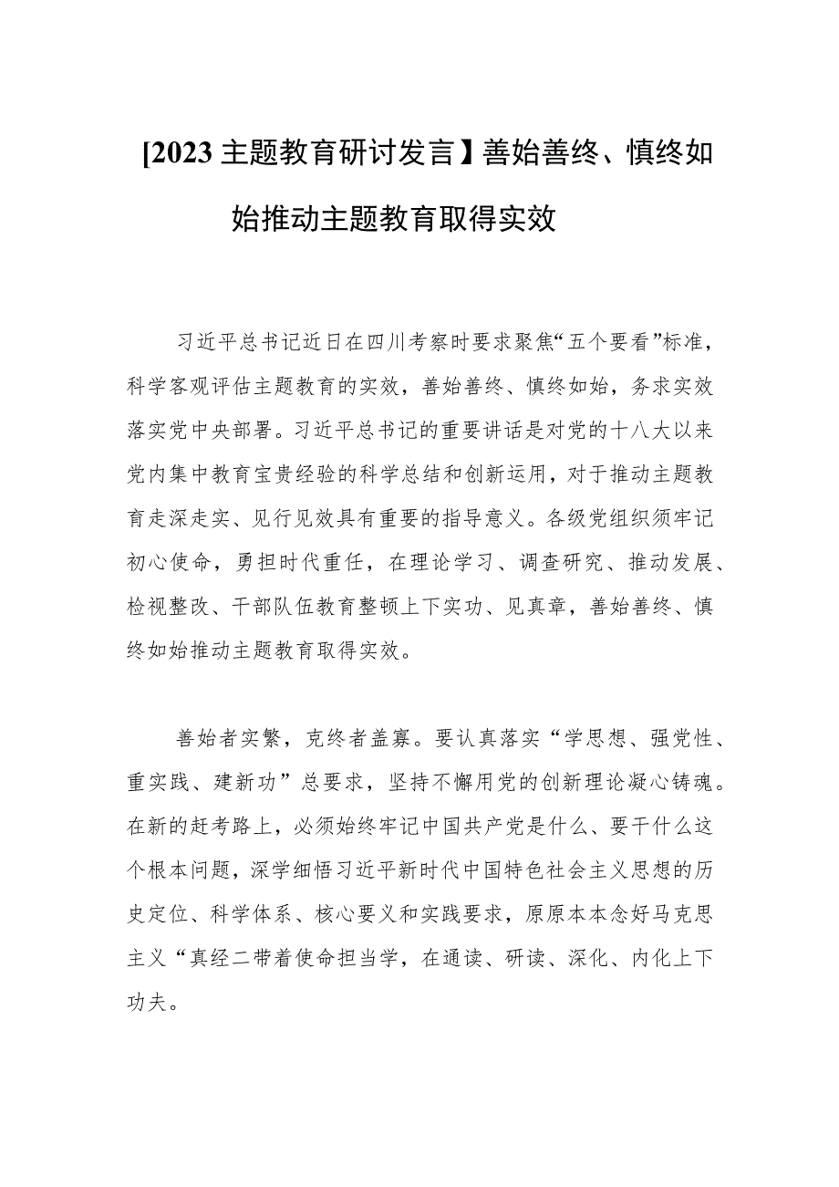 【2023主题教育研讨发言】善始善终、慎终如始推动主题教育取得实效.docx_第1页