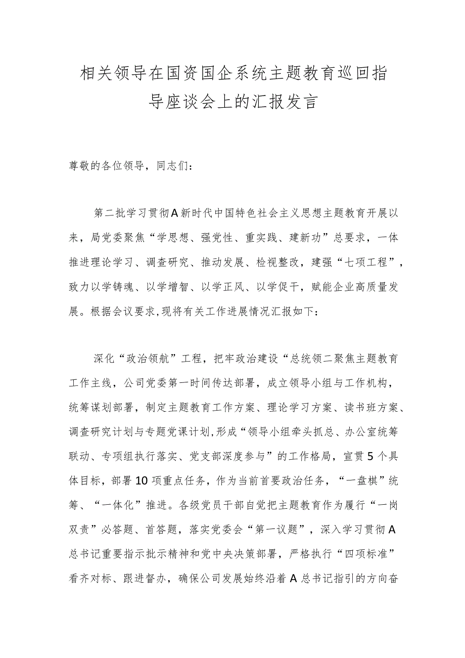 相关领导在国资国企系统主题教育巡回指导座谈会上的汇报发言.docx_第1页