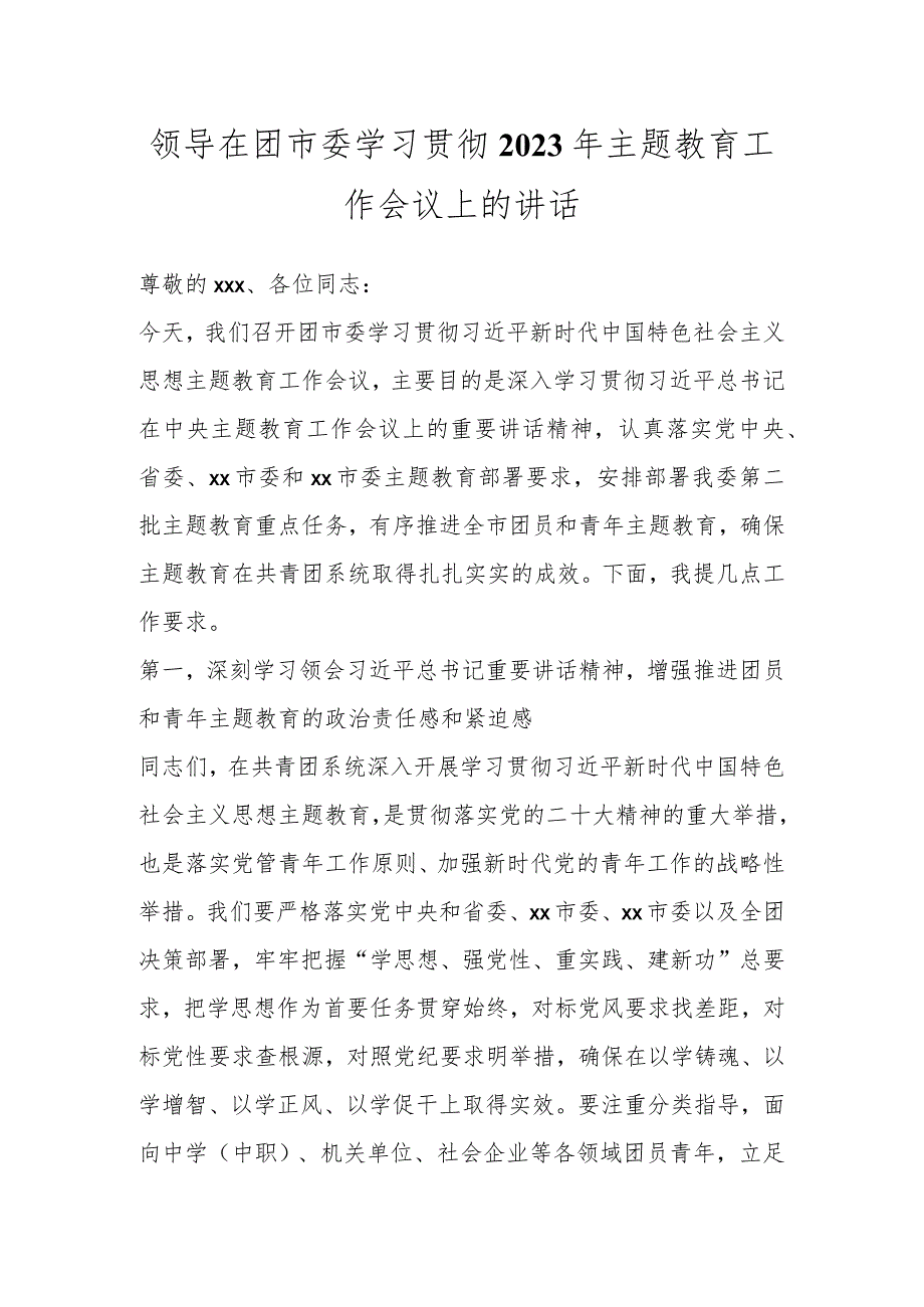 领导在团市委学习贯彻2023年主题教育工作会议上的讲话.docx_第1页