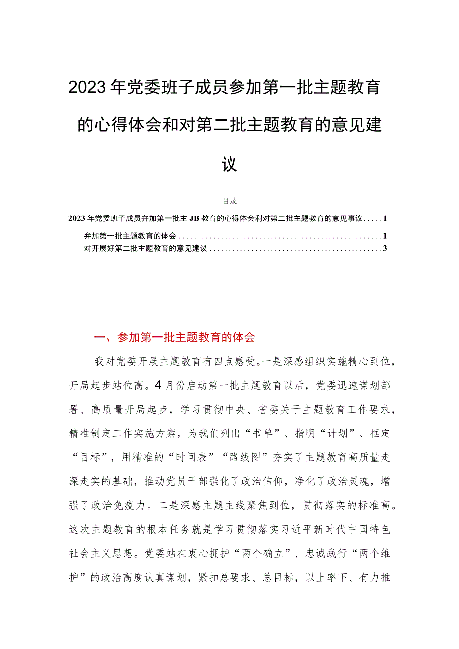 2023年党委班子成员参加第一批主题教育的心得体会和对第二批主题教育的意见建议.docx_第1页